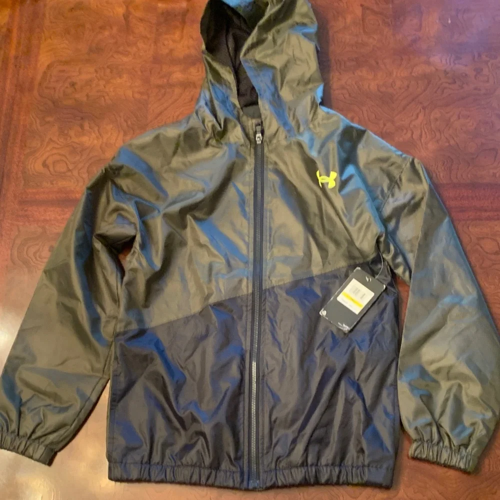 Under Armour Youth Two-Tone Black Hooded Rain Jacket with Yellow Logo
